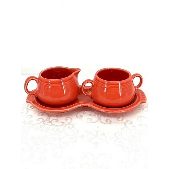 Fiesta "Red Ceramic Creamer & Sugar Bowl Set With Tray Vintage Homer Laughlin Po - Picture 1 of 9